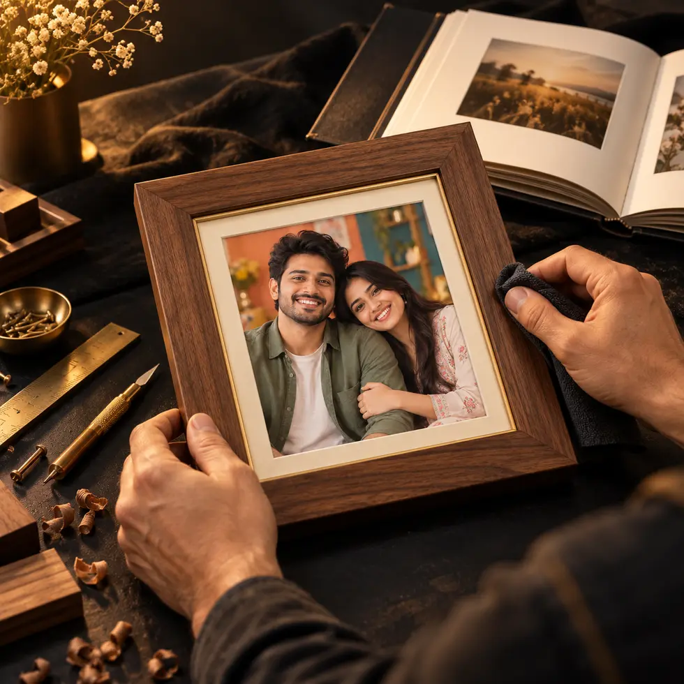 Artisan carefully finishing a personalised Pixsop photo frame